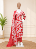 Red floral dress with matching dupatta on a mannequin against a neutral background