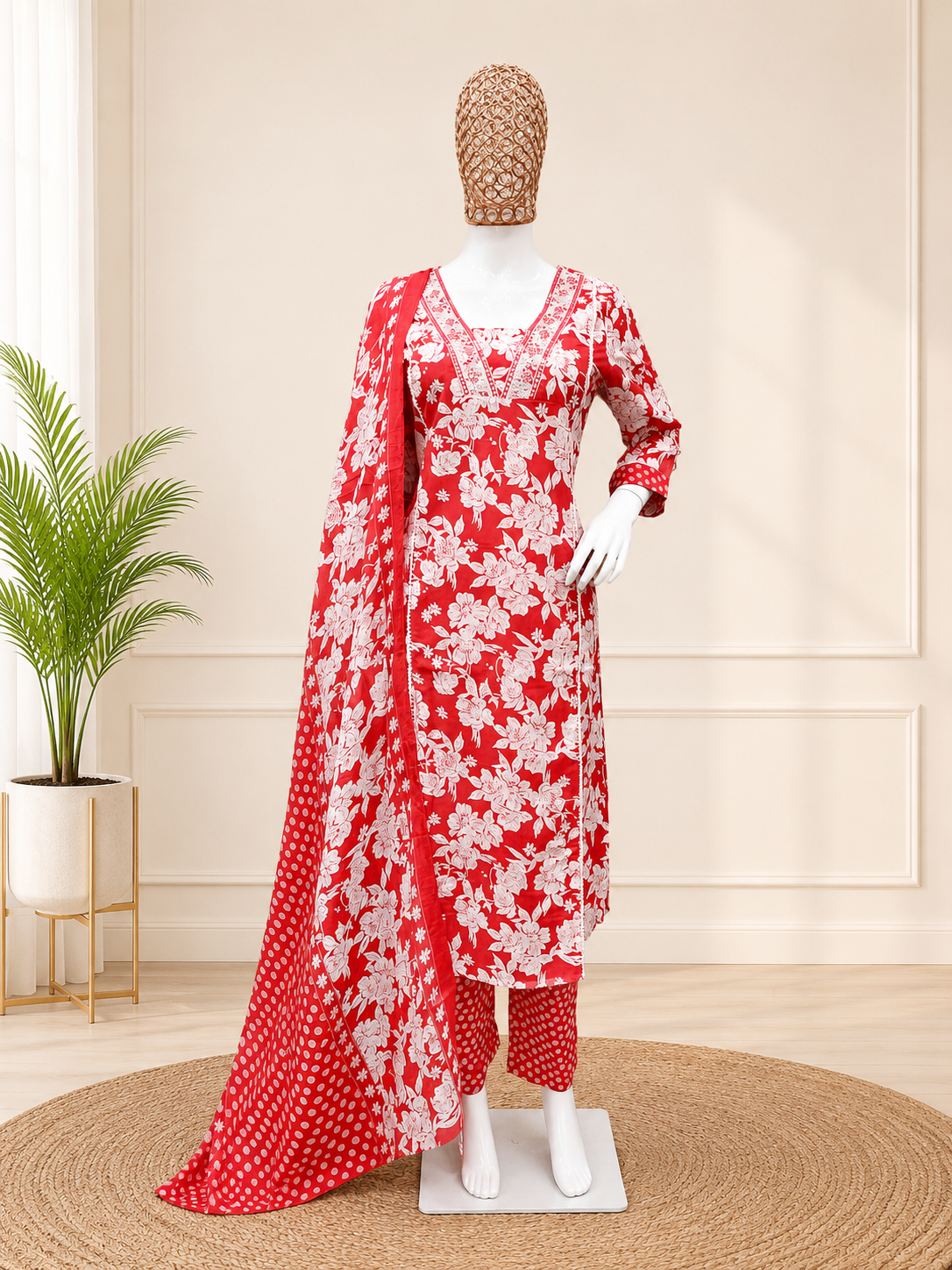 Red floral dress with matching dupatta on a mannequin against a neutral background
